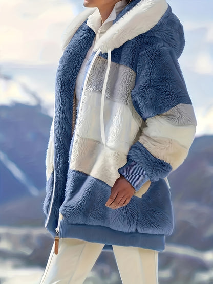 Women's Plush Faux Fur Hooded Jacket - Loose Fit Color Block Coat with Blue/Beige/White/Black Design, Long Sleeve Winter Warmth, Machine Washable for Casual & Formal Outfits, Ladies Winter Coats, Autumn Layering Piece, Formal