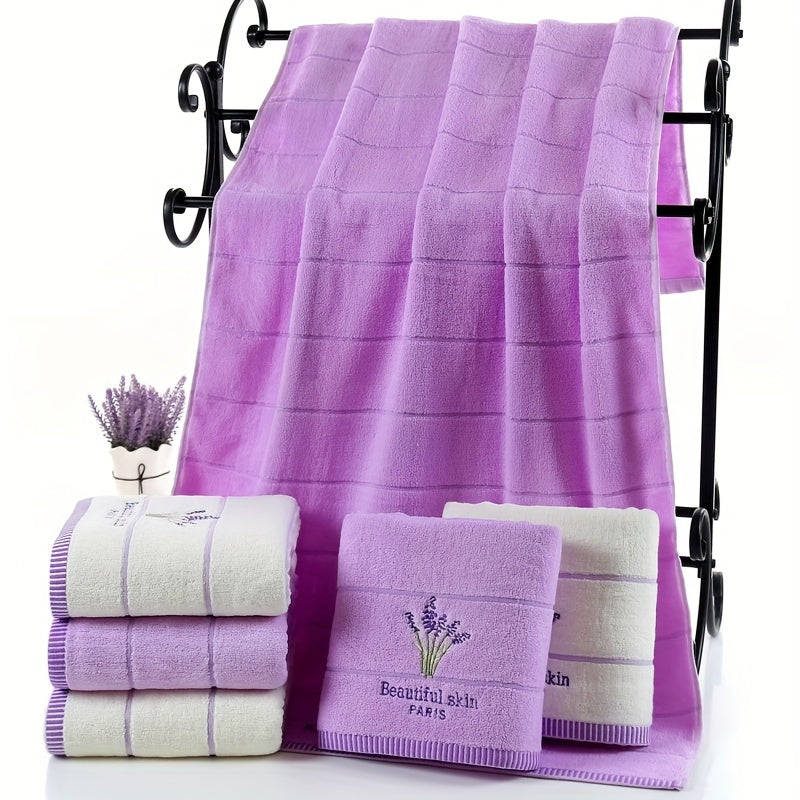 3pcs Lavender Pattern Towels Set, Including Bath Towel 70.0*140.0cm, 2 Face Towels 34.01*73.99cm, Bathroom Comfortable Soft Fabric Towels, Bathroom Supplies
