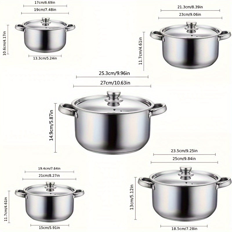 10pcs Stainless Steel Cookware Set, 3.5kg High-Quality, Deep Sided Pots with Lids, Dual Handles, Compatible with Electric Stoves, Ideal for Home and Restaurant Cooking, Suitable for Soup, Hot Pot, Pasta, Seafood Stew
