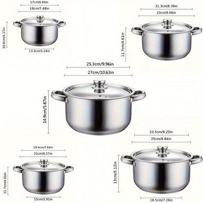 10pcs Stainless Steel Cookware Set, 3.5kg High-Quality, Deep Sided Pots with Lids, Dual Handles, Compatible with Electric Stoves, Ideal for Home and Restaurant Cooking, Suitable for Soup, Hot Pot, Pasta, Seafood Stew
