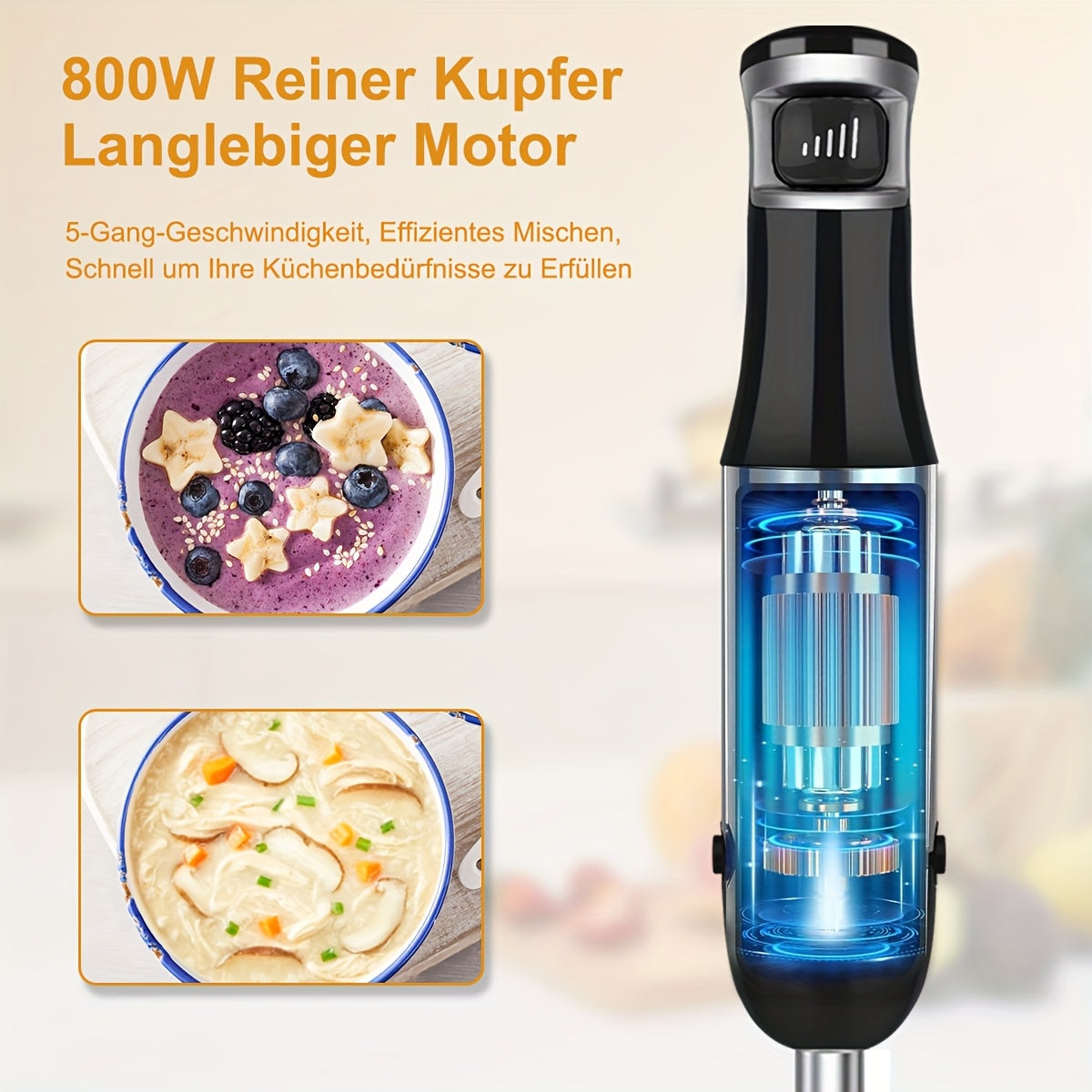 Liquidificador de Imersão Portátil 6 em 1 - Liquidificador em Aço Inoxidável com 5 Velocidades, Processador, Batedor e Espumador de Leite para Carnes, Puré de Batata e Papinhas de Bebé
