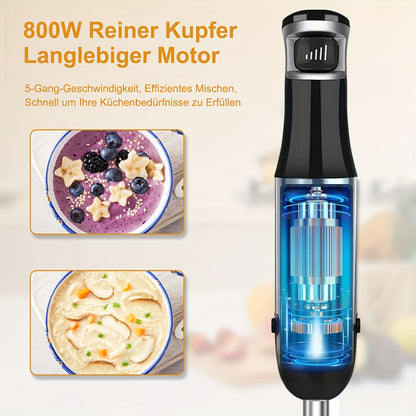 Liquidificador de Imersão Portátil 6 em 1 - Liquidificador em Aço Inoxidável com 5 Velocidades, Processador, Batedor e Espumador de Leite para Carnes, Puré de Batata e Papinhas de Bebé
