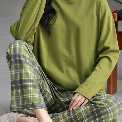 2pcs Women's pajama set, green round neck long-sleeve top with plaid print and elastic waist pants, comfortable casual fit, machine washable, essential home wear for autumn and winter