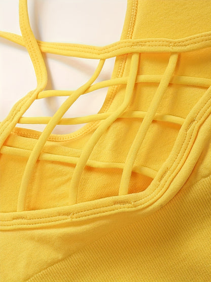 Women's Seamless Yoga Cross Back Sports Bra, Solid Color, Hollow Design, Casual Sports Style