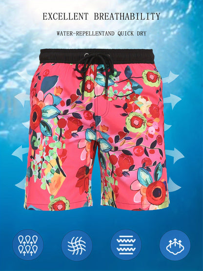 Men's Quick-Dry Beach Shorts with Tropical Palm Tree & Palm Leaf Print - Breathable Stretch Fabric for Summer, Outdoor, Hiking, Swimming - Machine Washable Casual Athletic Shorts, Outdoor Activewear, Summer Shorts