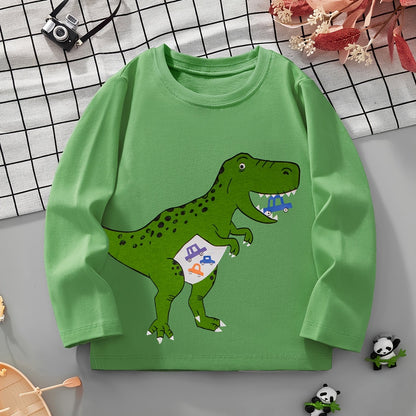 Boys' Pure Cotton Long Sleeve T-Shirt with Small Dinosaur Pattern Autumn and Winter Trendy Style