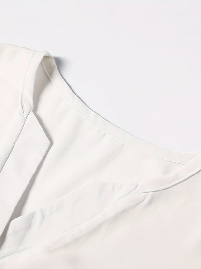 Solid Button Front Blouse, Elegant Long Sleeve Notched Neck Top, Women's Clothing