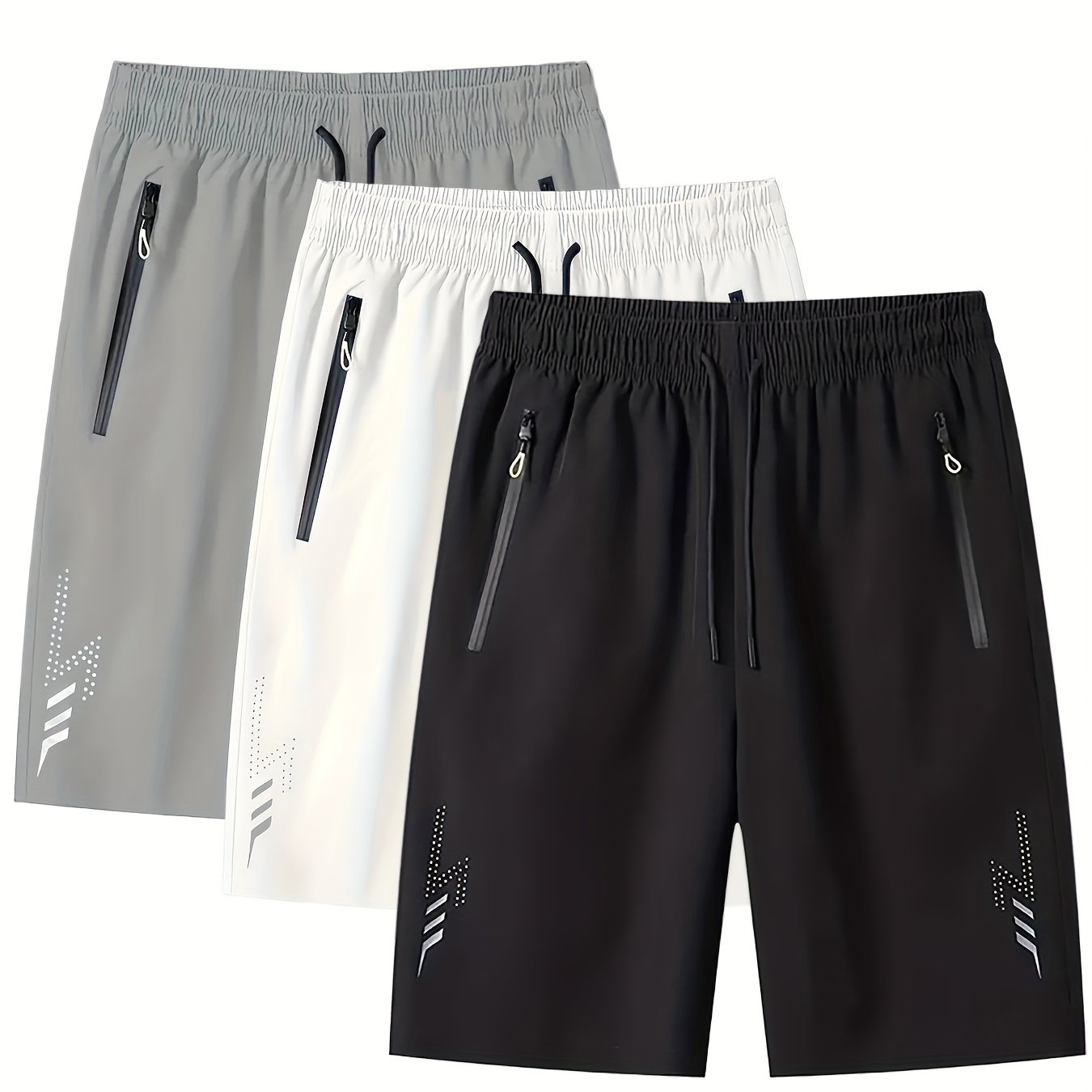 3pcs Men's Lightweight Quick-Dry Athletic Running Shorts - Loose Fit Plus Size, Zipper Pocket & Elastic Waistband, Polyester/Elastane Blend Swim Shorts with White & Black Design for Gym, Beach, Jogging - Summer Workout Swim T