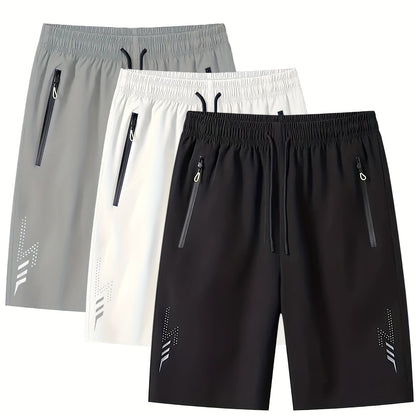 3pcs Men's Lightweight Quick-Dry Athletic Running Shorts - Loose Fit Plus Size, Zipper Pocket & Elastic Waistband, Polyester/Elastane Blend Swim Shorts with White & Black Design for Gym, Beach, Jogging - Summer Workout Swim T