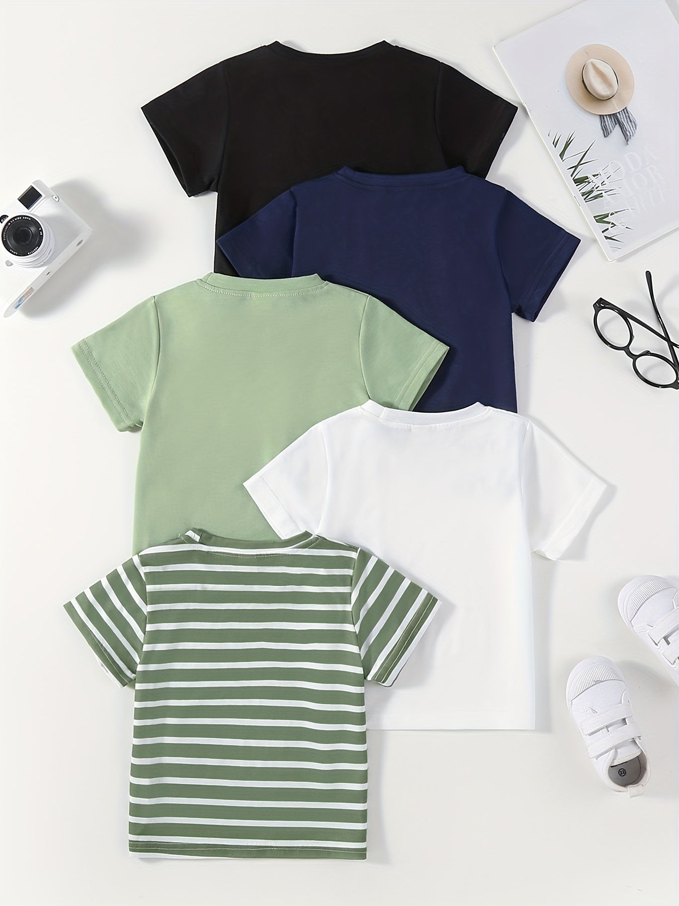 5pcs Solid Color & Striped Round Neck T-shirt Tees Tops Casual Soft Comfortable, Boys And Girls Summer Clothes