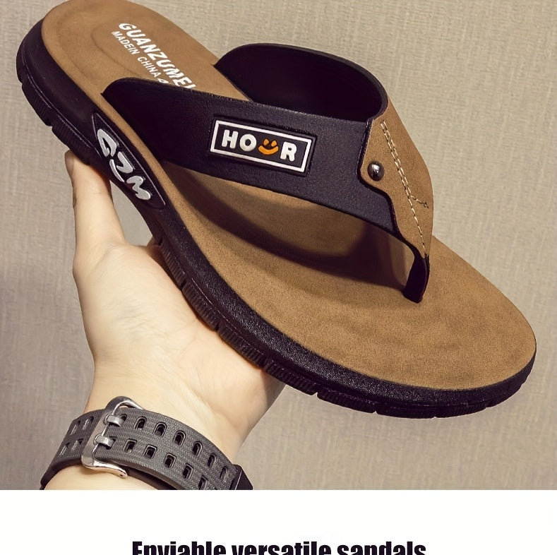 Chinelo de dedo casual de verão para homem - Resistente a odores, antiderrapante, durável, com sola macia e tira ajustável, design castanho e preto para uso diário e ao ar livre, calçado de praia | Chinelo de dedo elegante | Sola em PVC durável, sandália
