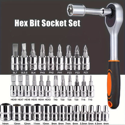 46pcs Car Repair Tool Kit, 1/4 Inch Ratchet Wrench Set with Versatile Bit Socket Set And Extension Bar, Combo Tools Kit, for Car, Motorcycle & Bicycle Repair