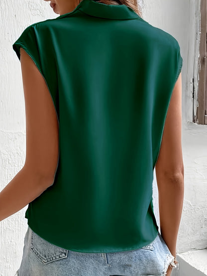 Solid Color Surplice Neck Blouse, Casual Sleeveless Top For Summer, Women's Clothing