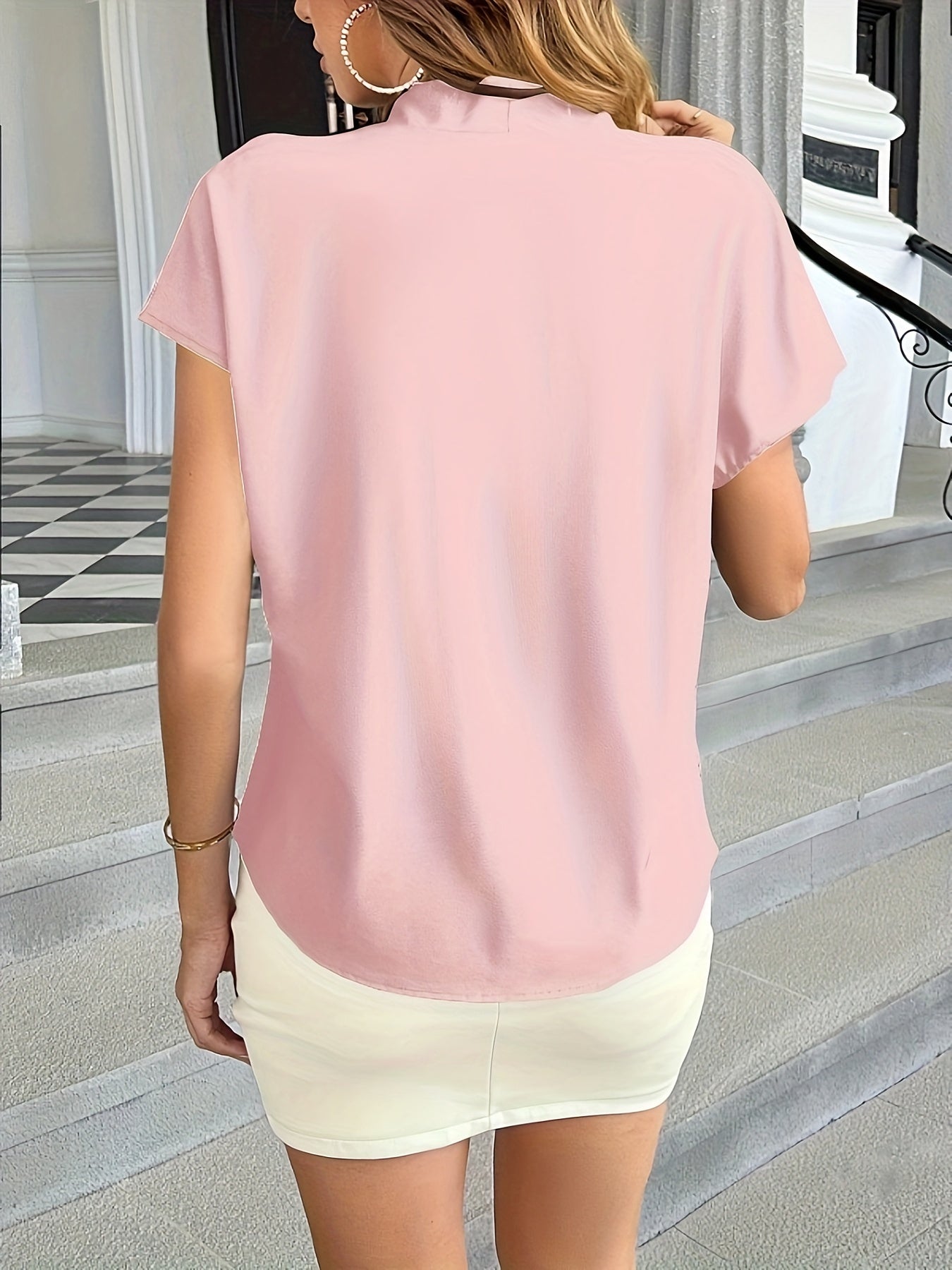 Solid V-neck Simple Blouse, Versatile Short Sleeve Blouse For Spring & Summer, Women's Clothing