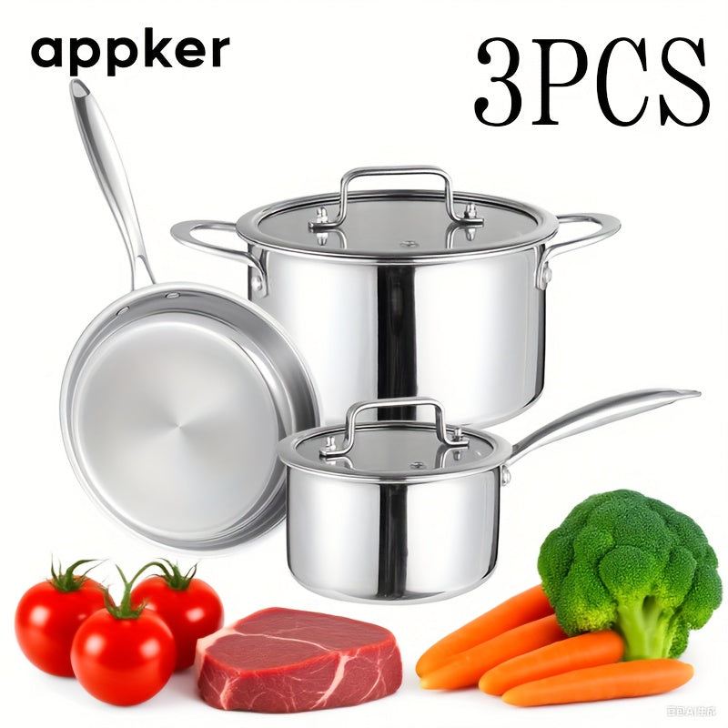 appker 3pcs Tri-Ply Clad Stainless Steel Cookware Set, Pots And Pans Kitchen Set with Tempered Glass Lids, Induction-Ready, Dishwasher-Safe, Silvery