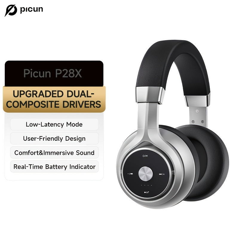 Picun Over-Ear Wireless Headphones, Wireless 5.3 with Low Latency Mode, Dual Composite Drivers for Hi-Fi Sound, 60H Playtime & Real-Time Battery Display, Wired/Wireless Dual Mode, Adjustable Head