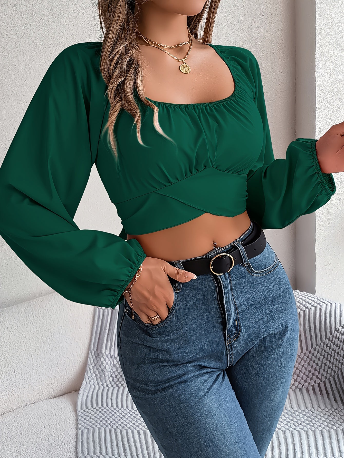 Square Neck Cross Tie Back Crop Blouse, Elegant Lantern Sleeve Slim Blouse For Spring & Fall, Women's Clothing