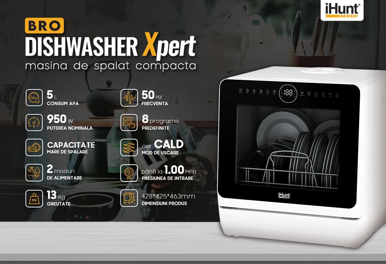 Máquina de lavar loiça compacta Ihunt Bro Xpert, Turbo Clean, 950W, com bomba de drenagem, controlo digital, classe B, 6 programas, aquecimento/secagem, torneira de abastecimento de água/manual, depósito de água de 5L, 45cm, branco