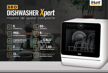 Máquina de lavar loiça compacta Ihunt Bro Xpert, Turbo Clean, 950W, com bomba de drenagem, controlo digital, classe B, 6 programas, aquecimento/secagem, torneira de abastecimento de água/manual, depósito de água de 5L, 45cm, branco