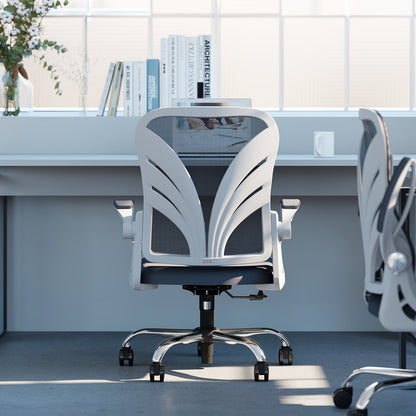 Ergonomic Office Chair with Foldable Space-Saving Design, Breathable Mesh Back & Adjustable Lumbar Support, Flip-Up Armrests, Height-Adjustable - Heavy-Duty Plastic Frame, Foam Padding, White/Black Color Options - Ideal for H