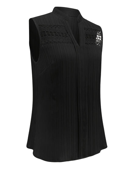 Lace Stitching V-neck Blouse, Elegant Sleeveless Top For Spring & Summer, Women's Clothing