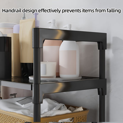 3-Tier Bathroom Storage Shelves with Toilet Rack & Towel Bar – Space-Saving Corner Organizer for Towels, Toiletries, and Laundry Accessories, Black Plastic Freestanding Design for Modern Bathrooms, DOCOXO, Shelves