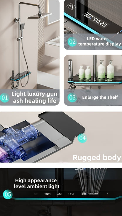 Luxury Gun Gray Shower Head Set, Piano Key Ambient Light, High Pressure Rainfall System, 4-in-1 Bathroom Accessories Kit, Digital Shower Head, Ideal Gift for Home Bathroom Decor, Perfect for Easter and Ramadan