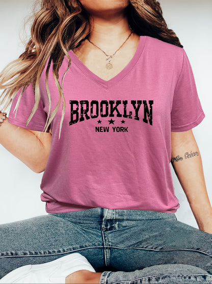 Women's Casual V-Neck T-Shirt with Brooklyn New York Letter Print - Vibrant Pink & Black Graphic, Short Sleeve Regular Fit, Machine Washable for Spring Summer Fall, Ladies T Shirts, Casual Attire, Durable Fabric