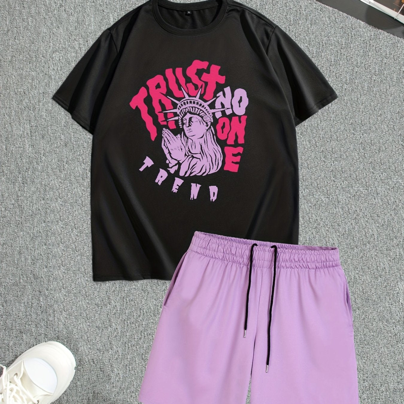 Men's Street Style Summer 2PCS Outfits, Male's Trend TRUST Graphic Short-sleeve Crew Neck T-shirt Drawstring Shorts Set, Casual Clothes For Men