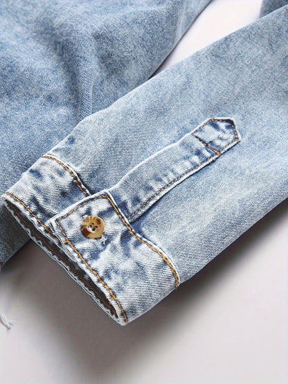 Men's Trendy Ripped Design Casual Button Up Long Sleeve Denim Shirt, Men's Clothes For Spring Summer Autumn, Tops For Men