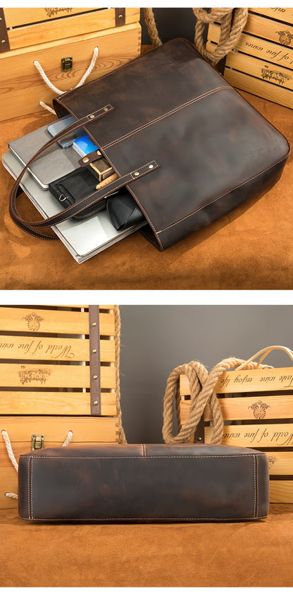 NIUCUNZH Men's Vintage Genuine Leather Tote Bag, Top Layer Cowhide, Large Capacity Shoulder Bag for Going Out, Briefcase Style Handbag, Maintenance Free