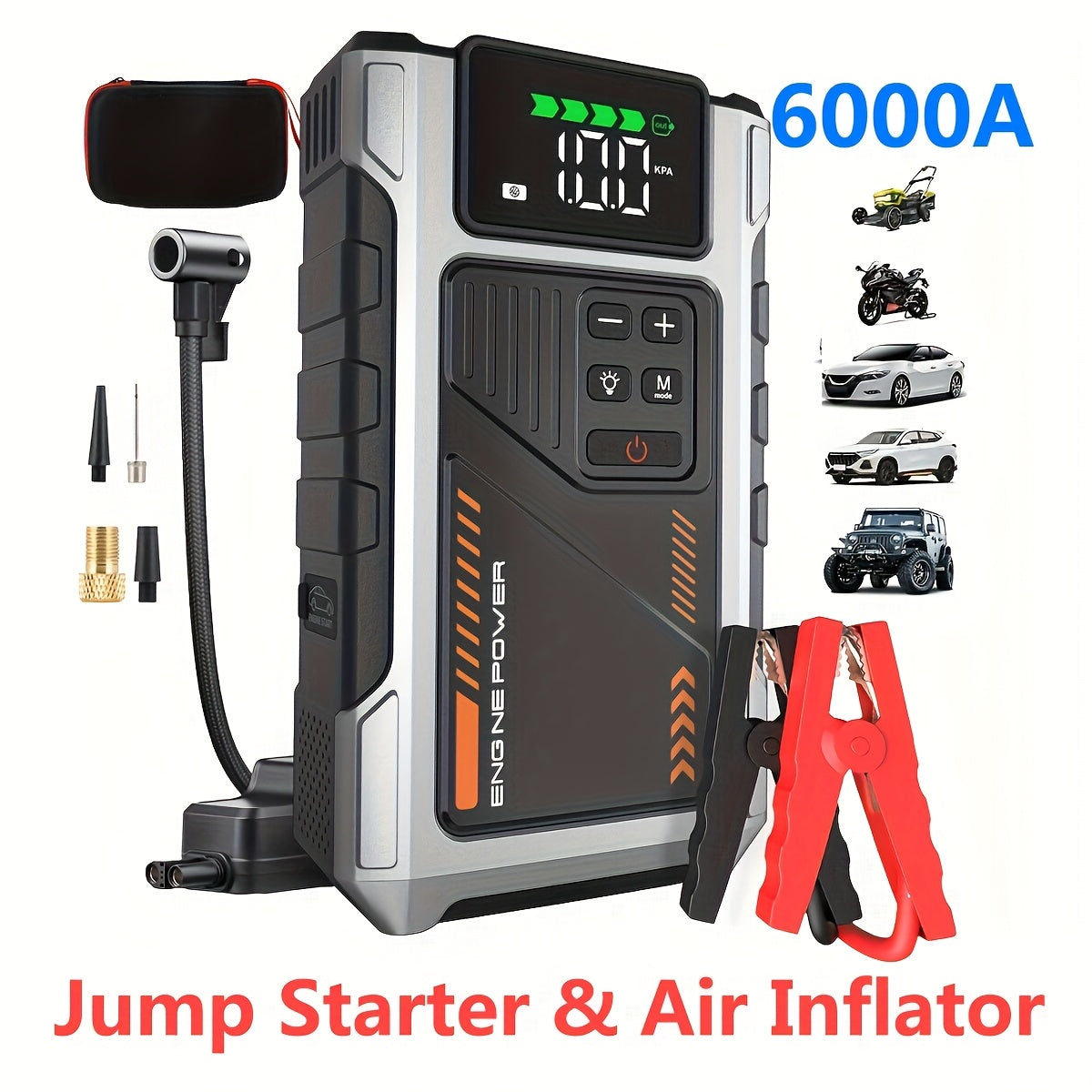 12000mAh Jump Starter Power Pack, 6000A Car Battery Booster 12V Jump Starter with 150PSI Tire Inflator Portable Air Compressor, with LCD Display, Jump Starter Power Bank (7.5L Gas/6L Diesel), LED Light, Vehicle Maintenance To