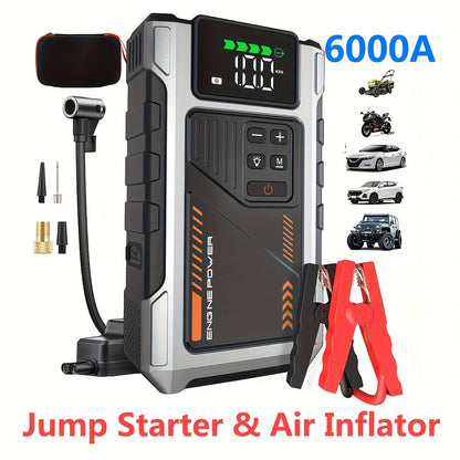 12000mAh Jump Starter Power Pack, 6000A Car Battery Booster 12V Jump Starter with 150PSI Tire Inflator Portable Air Compressor, with LCD Display, Jump Starter Power Bank (7.5L Gas/6L Diesel), LED Light, Vehicle Maintenance To