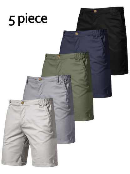 5pcs Men's Formal & Casual Shorts - Multi-Color Business, Streetwear, Beach Pants - Zipper Closure & Belt Loop - Non-Stretch Fabric for Office, Travel, Gym, Vacation - Machine Washable - (Black/Gray/Beige/Olive Green/), Versa