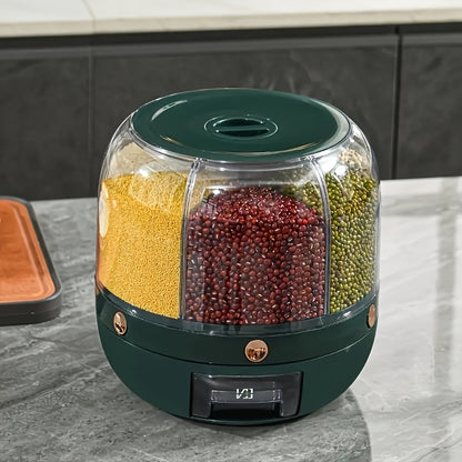 360° rotating partitioned rice bucket, rotatable home-use pest and moisture-proof multi-functional sealed rice storage box, classified grain and bean storage