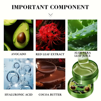 60pcs Avocado & Hyaluronic Acid Eye Masks - Intense Hydration & Brightening, Puffiness Reduction, Dark Circles & Wrinkles, Hypoallergenic for All Light Beige Types, Unisex Skincare, Avocado Eye Mask, Sleek Packaging, Natural