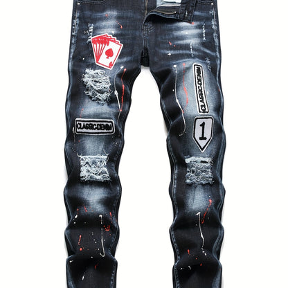 Patch Splatter Ripped Jeans, Men's Casual Street Style Distressed Slim Fit High Stretch Denim Pants For Spring Summer