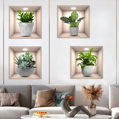 4pcs Plant Decor Stickers, PVC Wall Stickers For Living Room, Bedroom, Office, Self-adhesive Home Decor Stickers