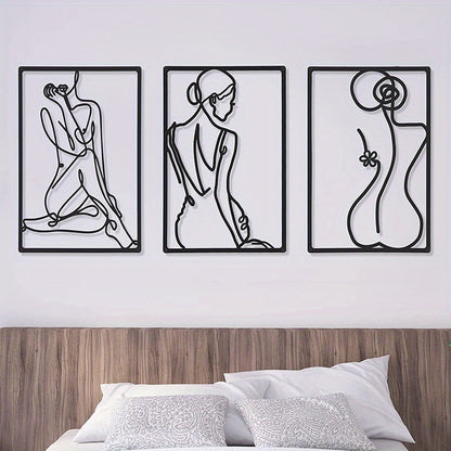 3 pcs Modern Abstract Metal Wall Sculpture - Thick Real Metal Minimalist Art for Home Decor - Single Line Design for Bedroom, Living Room, and Wall Crosses