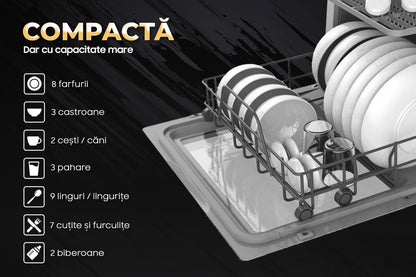 Máquina de lavar loiça compacta Ihunt Bro Xpert, Turbo Clean, 950W, com bomba de drenagem, controlo digital, classe B, 6 programas, aquecimento/secagem, torneira de abastecimento de água/manual, depósito de água de 5L, 45cm, branco
