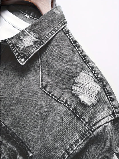 Men's Trendy Ripped Design Casual Button Up Long Sleeve Denim Shirt, Men's Clothes For Spring Summer Autumn, Tops For Men