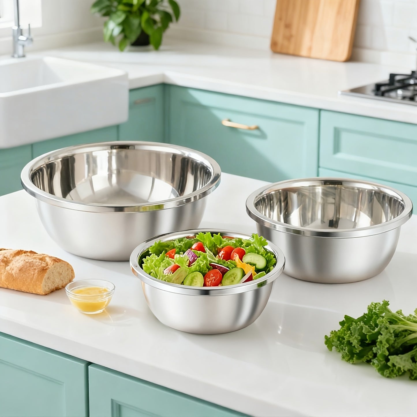3pcs Stainless Steel Mixing Bowls, Oversized Stainless Steel Kitchen Bowls, Baking And Noodle Bowls, Mixing Salads, Washing Vegetables And Fruits, Soup Bowls, Salad Bowls, Etc. Three Sizes Suitable for a Variety of Scenarios