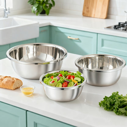 3pcs Stainless Steel Mixing Bowls, Oversized Stainless Steel Kitchen Bowls, Baking And Noodle Bowls, Mixing Salads, Washing Vegetables And Fruits, Soup Bowls, Salad Bowls, Etc. Three Sizes Suitable for a Variety of Scenarios