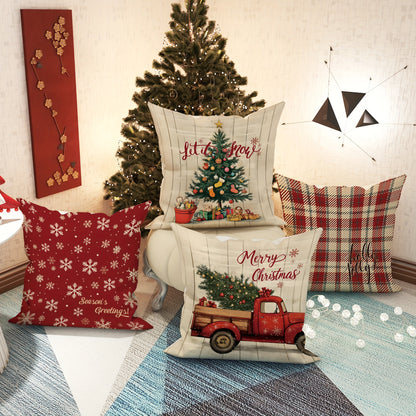 4pcs Set, Christmas Tree Snowflake Truck Buffalo Plaid Pillow Covers, Farmhouse Rustic Red Green Cozy Soft Decorative Pillowcases, Single-Sided Print, Christmas Winter Living Room Bedroom Sofa Bed Decor, No Insert