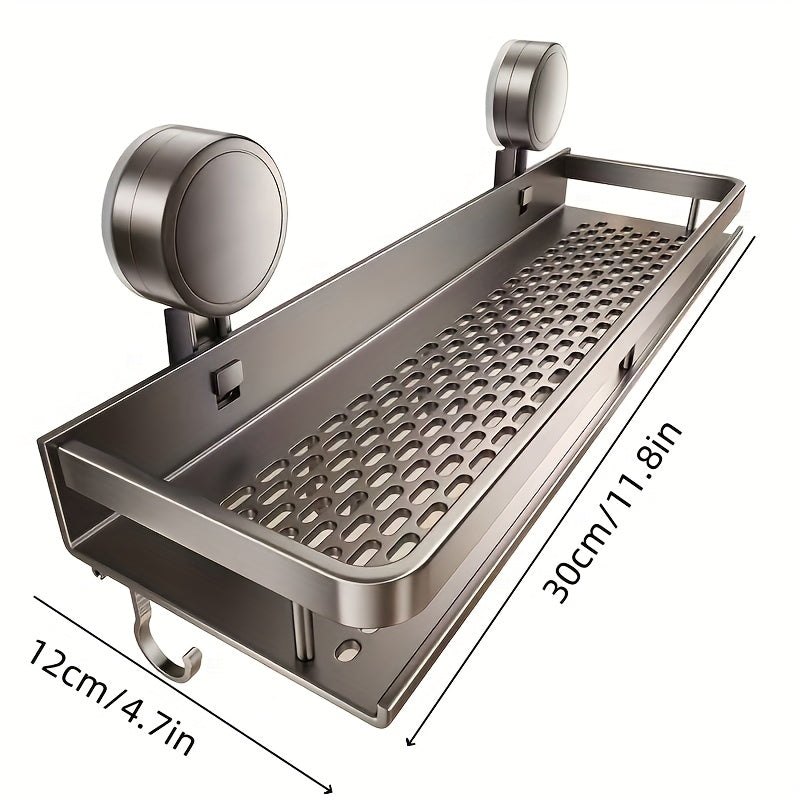 1pc Rustproof Wall Mount Shower Caddy with Suction Cups - Heavy-Duty Polished Finish Floating Shelf with Towel Hooks, Space-Saving Bathroom Organizer for Shampoo, Soap, and Accessories, Bathroom Organizers And Storage, Bathro