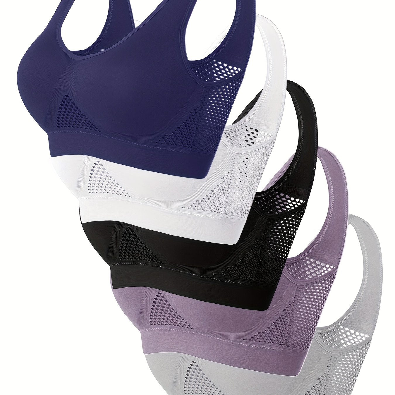 5pcs, Solid Color Sports Bras, Wire-Free, Padded, Breathable Mesh, High Elasticity for Yoga and Running