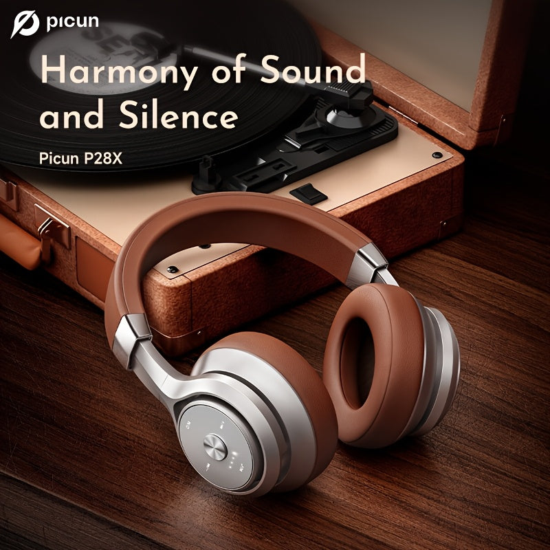 Picun Wireless Over-Ear Headphones, HiFi Stereo, Deep Bass, Foldable Design, 30-Hour Battery, Built-in Mic. Lightweight Brown Leatherette Finish, Perfect for Gaming, PC, and On-the-Go Use.