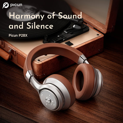 Picun Wireless Over-Ear Headphones, HiFi Stereo, Deep Bass, Foldable Design, 30-Hour Battery, Built-in Mic. Lightweight Brown Leatherette Finish, Perfect for Gaming, PC, and On-the-Go Use.