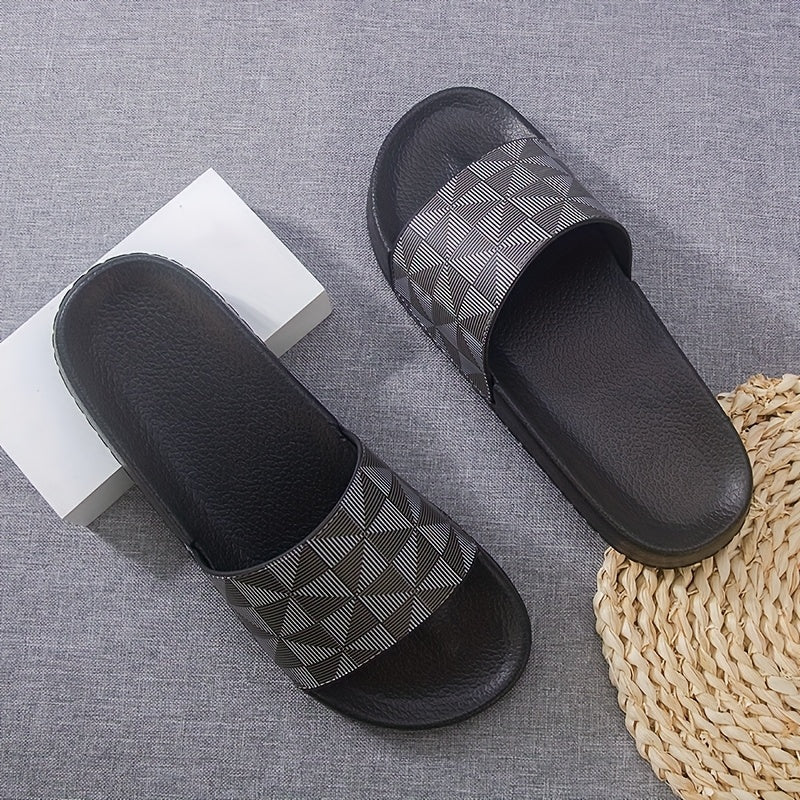 Sandálias de verão tipo slide para homem - Chinelos casuais antiderrapantes com sola macia e estampado geométrico, preto e cinzento, confortáveis ​​para uso interior e exterior.
