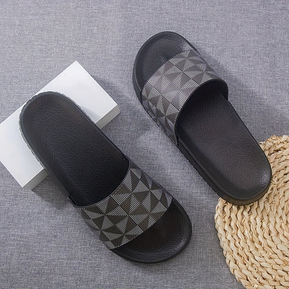 Sandálias de verão tipo slide para homem - Chinelos casuais antiderrapantes com sola macia e estampado geométrico, preto e cinzento, confortáveis ​​para uso interior e exterior.